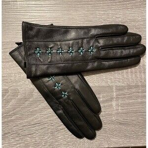 Womens Genuine Leather Gloves Size 6.5 Black & Embroidered Teal Cross Pattern
